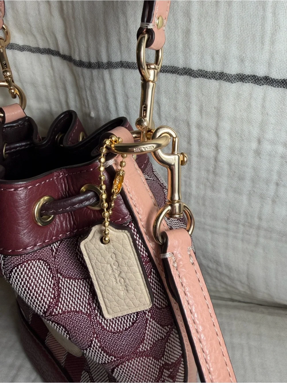 Coach Mini Dempsey Bucket Bag Burgundy and Pink
